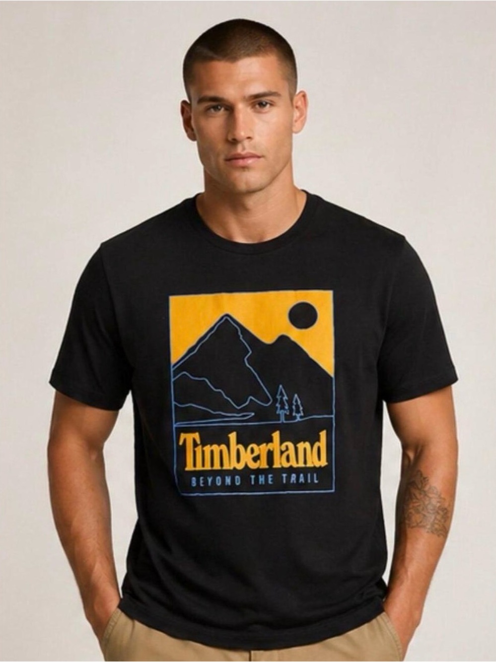 Timberland Black Tee with Yellow & Blue Mountain Graphic